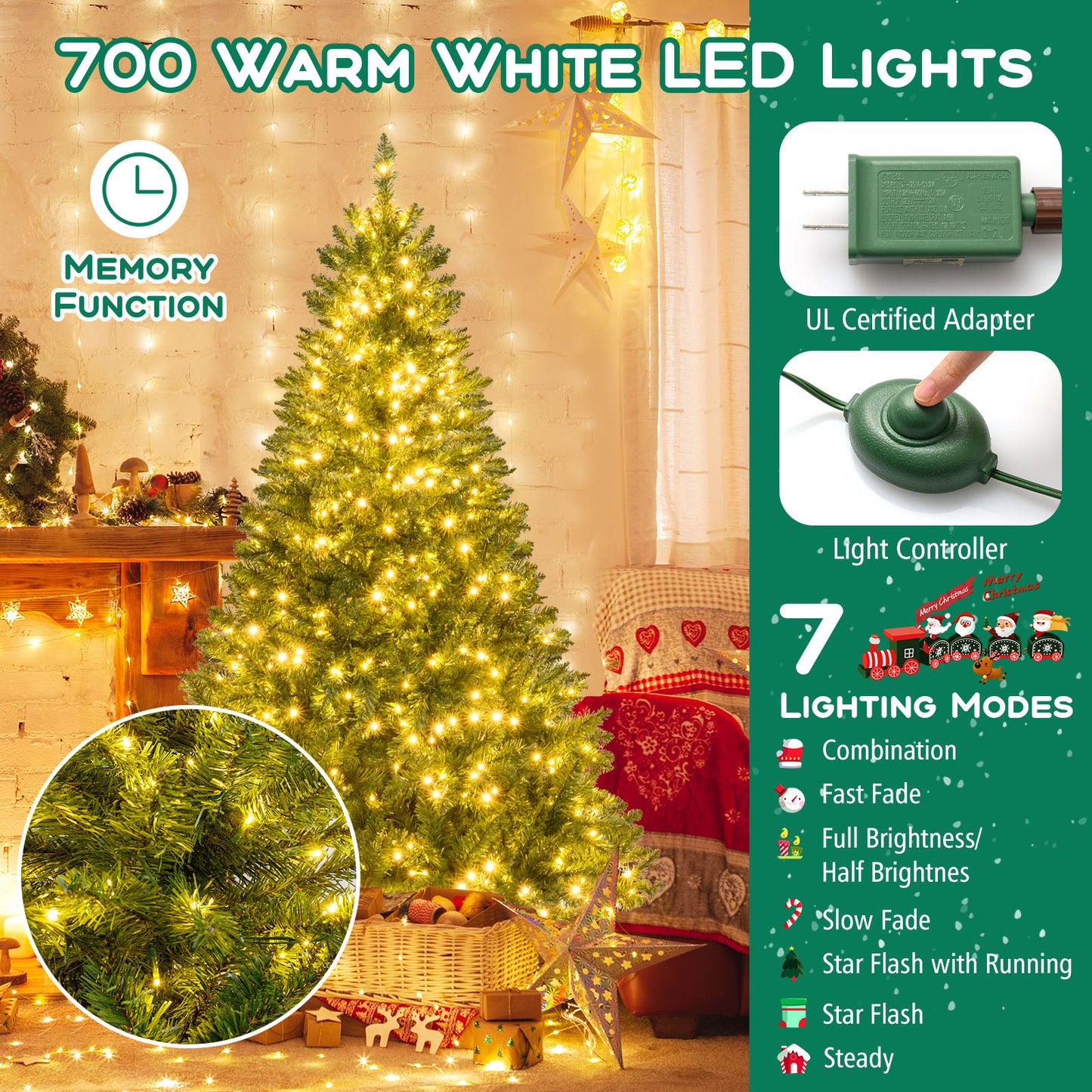 5/6/7 Feet Artificial Christmas Tree Hinged Xmas Tree with 7 Lighting Modes-6 Feet
