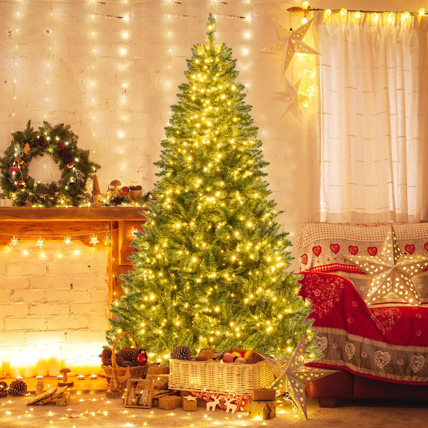 5/6/7 Feet Artificial Christmas Tree Hinged Xmas Tree with 7 Lighting Modes-7 Feet