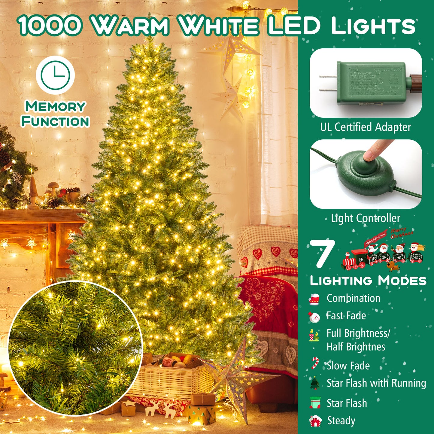5/6/7 Feet Artificial Christmas Tree Hinged Xmas Tree with 7 Lighting Modes-7 Feet