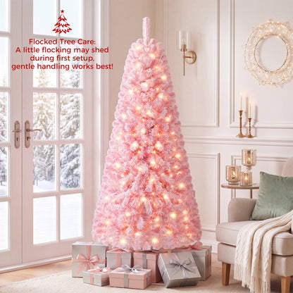 6 Ft Pink Flocked Christmas Tree with LED Lights