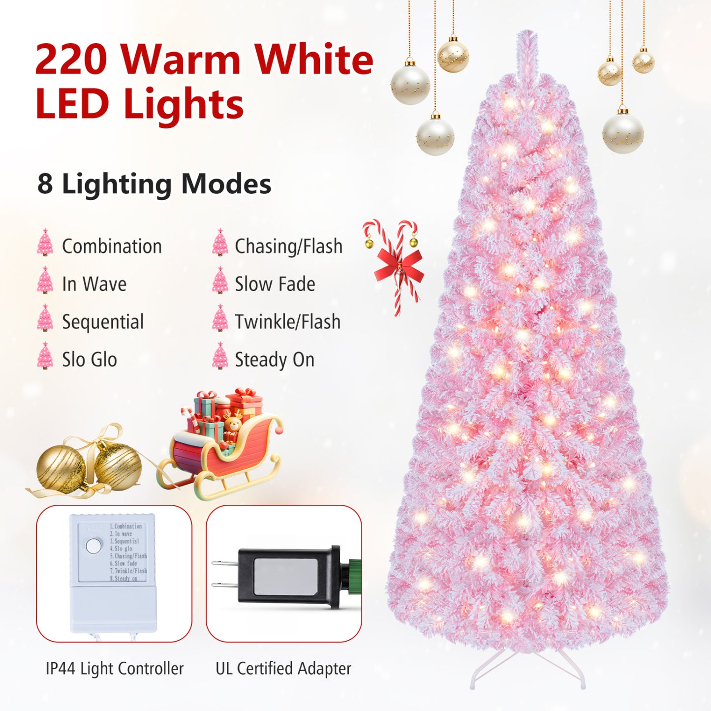6 Ft Pink Flocked Christmas Tree with LED Lights