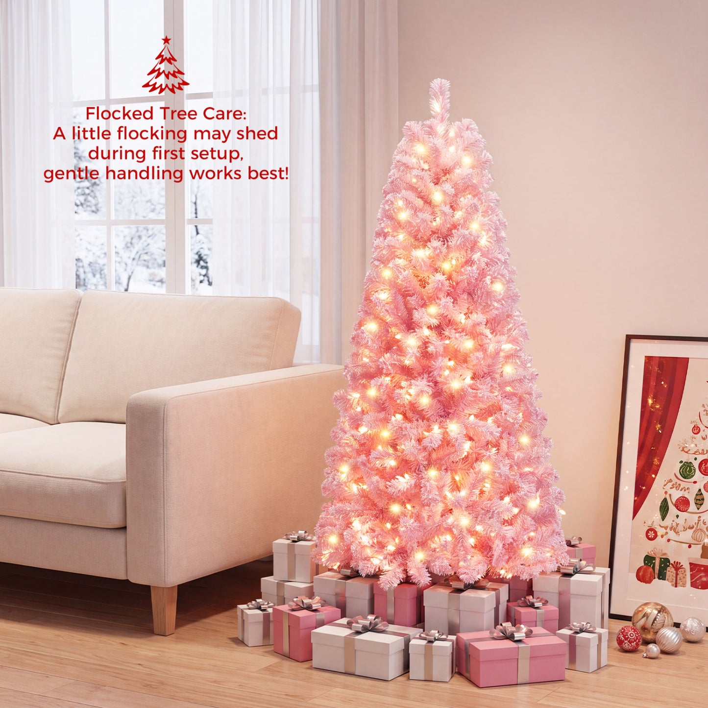 6 Ft Pink Flocked Christmas Tree with LED Lights