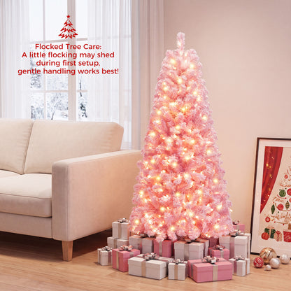 6 Ft Pink Flocked Christmas Tree with LED Lights