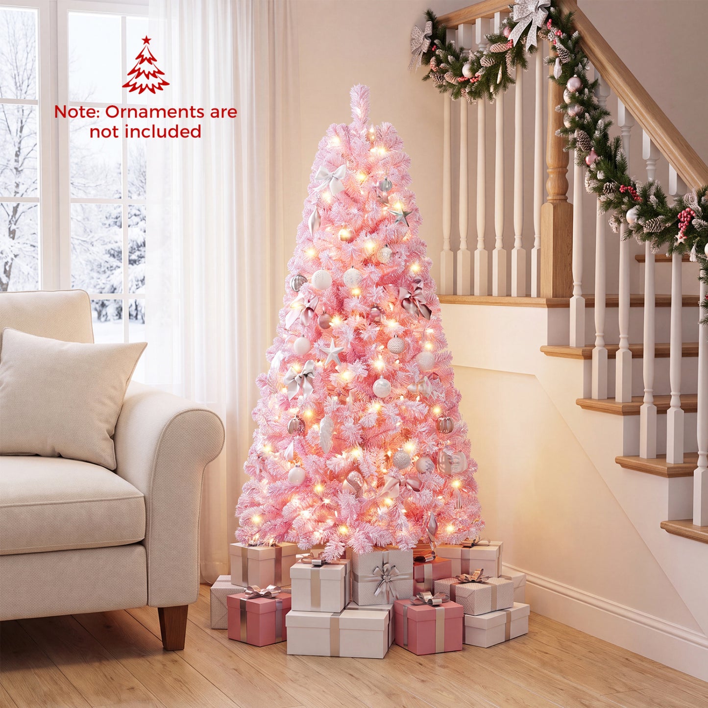 6 Ft Pink Flocked Christmas Tree with LED Lights