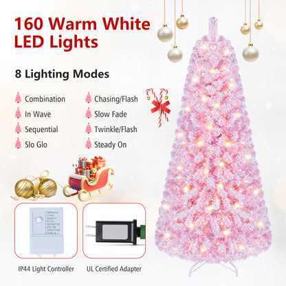 6 Ft Pink Flocked Christmas Tree with LED Lights