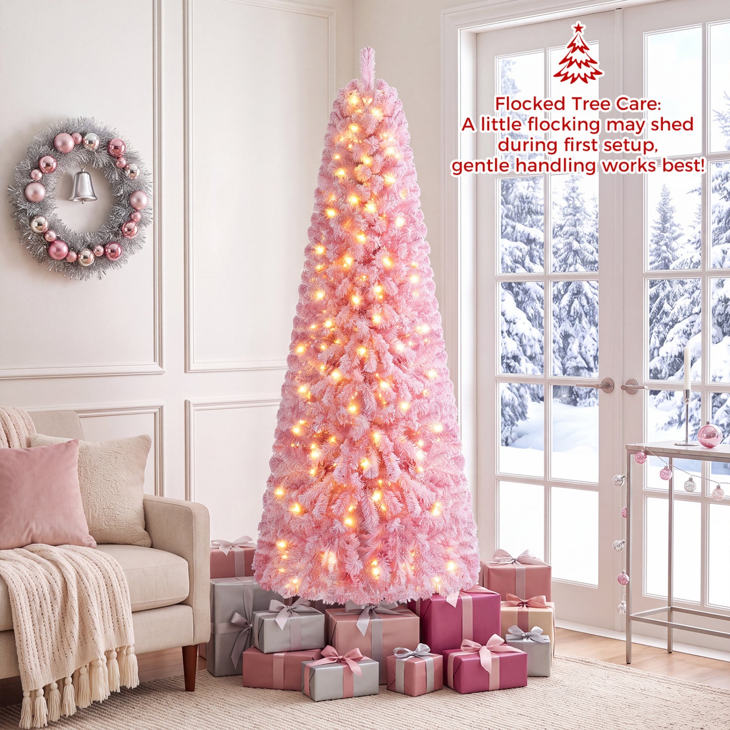 6 Ft Pink Flocked Christmas Tree with LED Lights