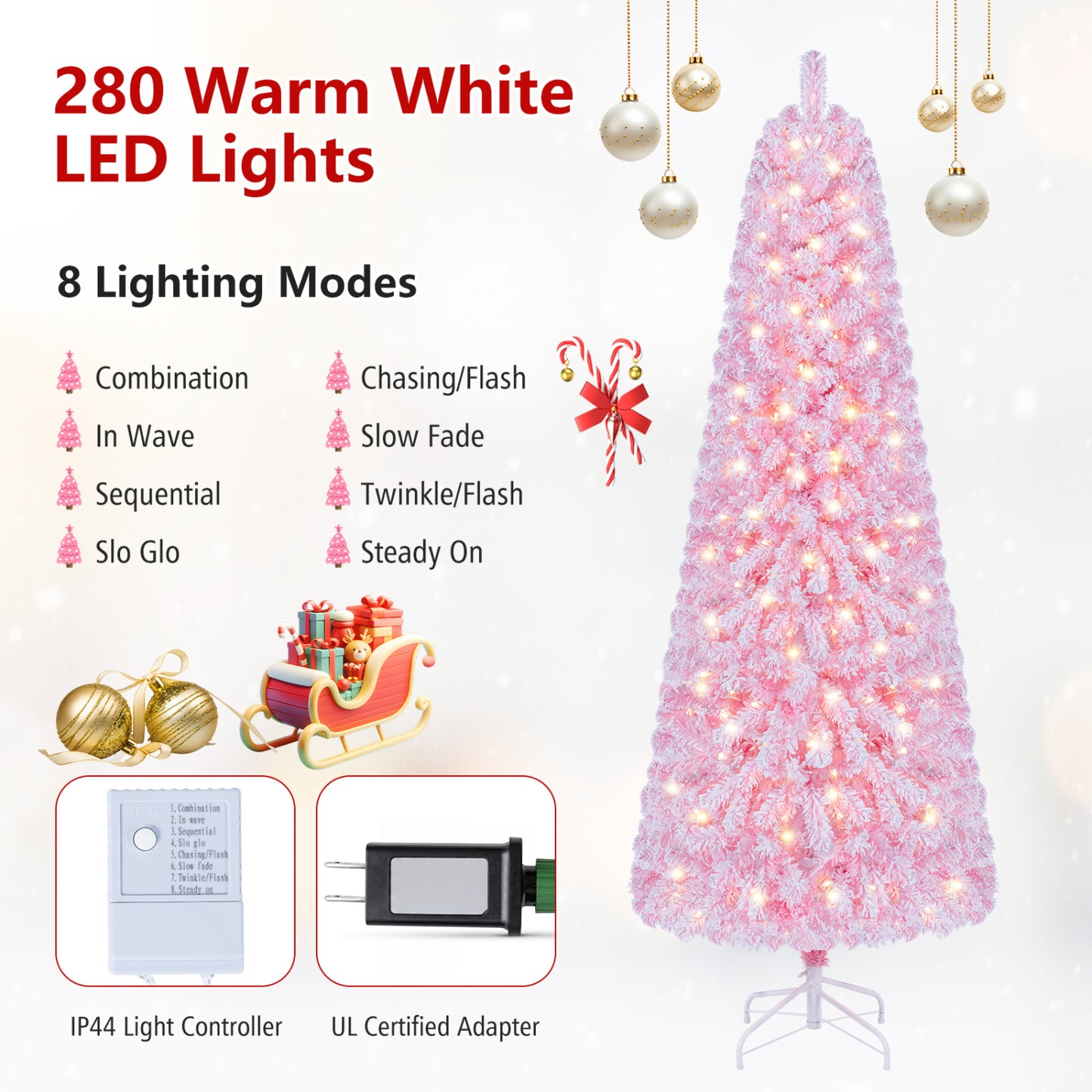 6 Ft Pink Flocked Christmas Tree with LED Lights