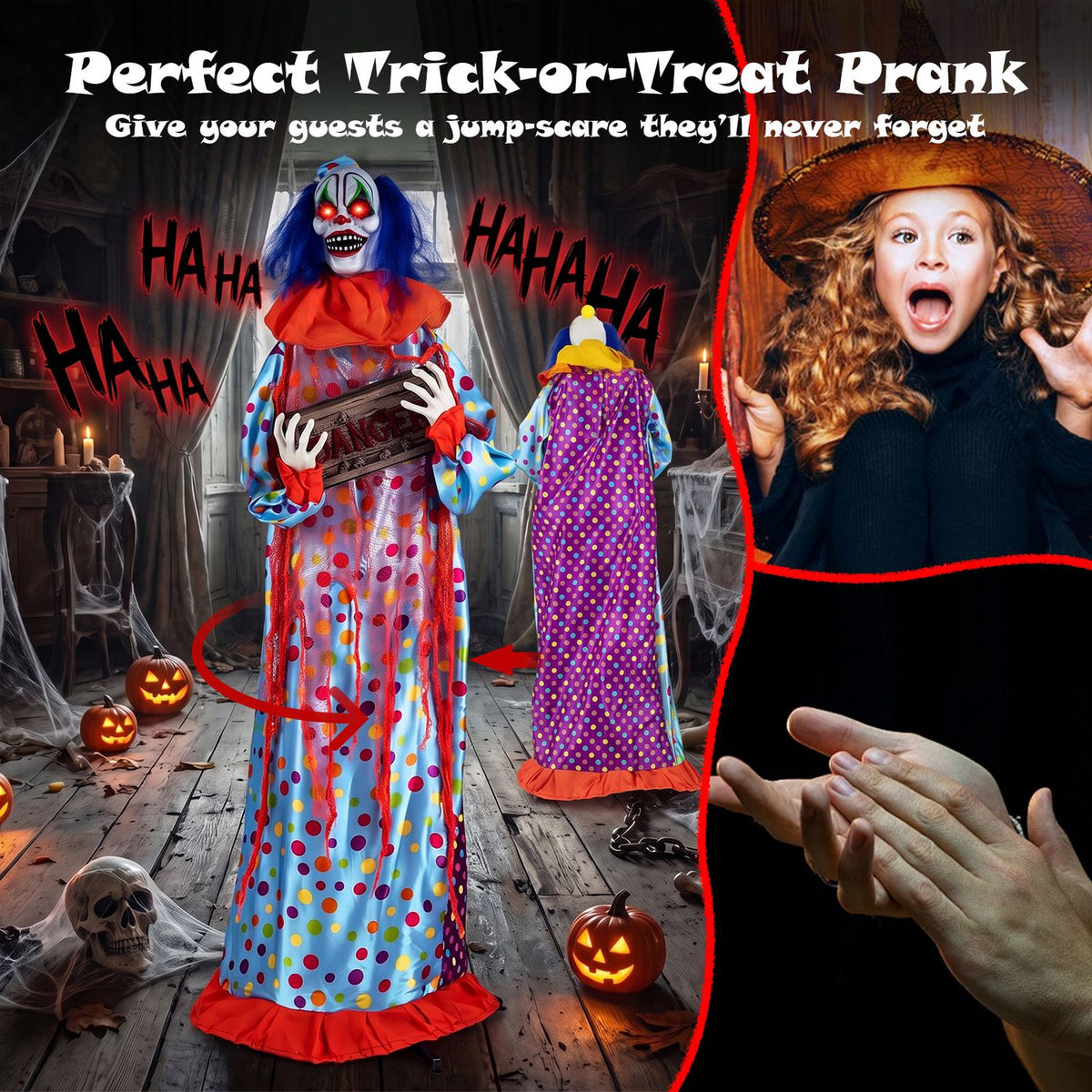 5.6 ft Halloween Animated Clown with Snap-up Head and Voice Effects