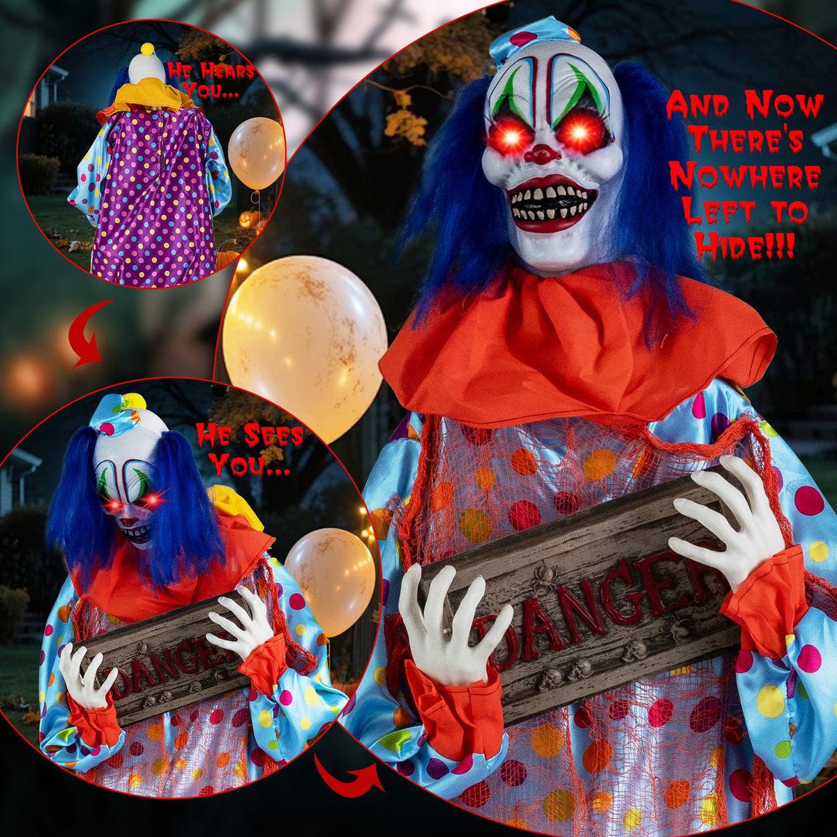 5.6 ft Halloween Animated Clown with Snap-up Head and Voice Effects
