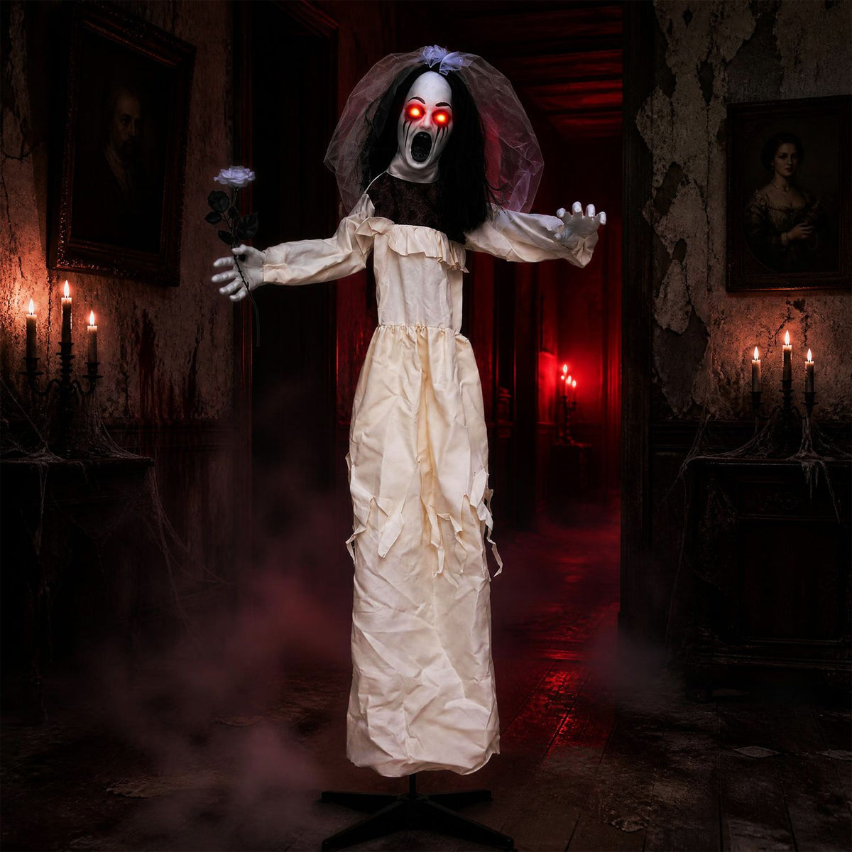 5.7 FT Halloween Standing Animatronic Bride with Flower in Hand