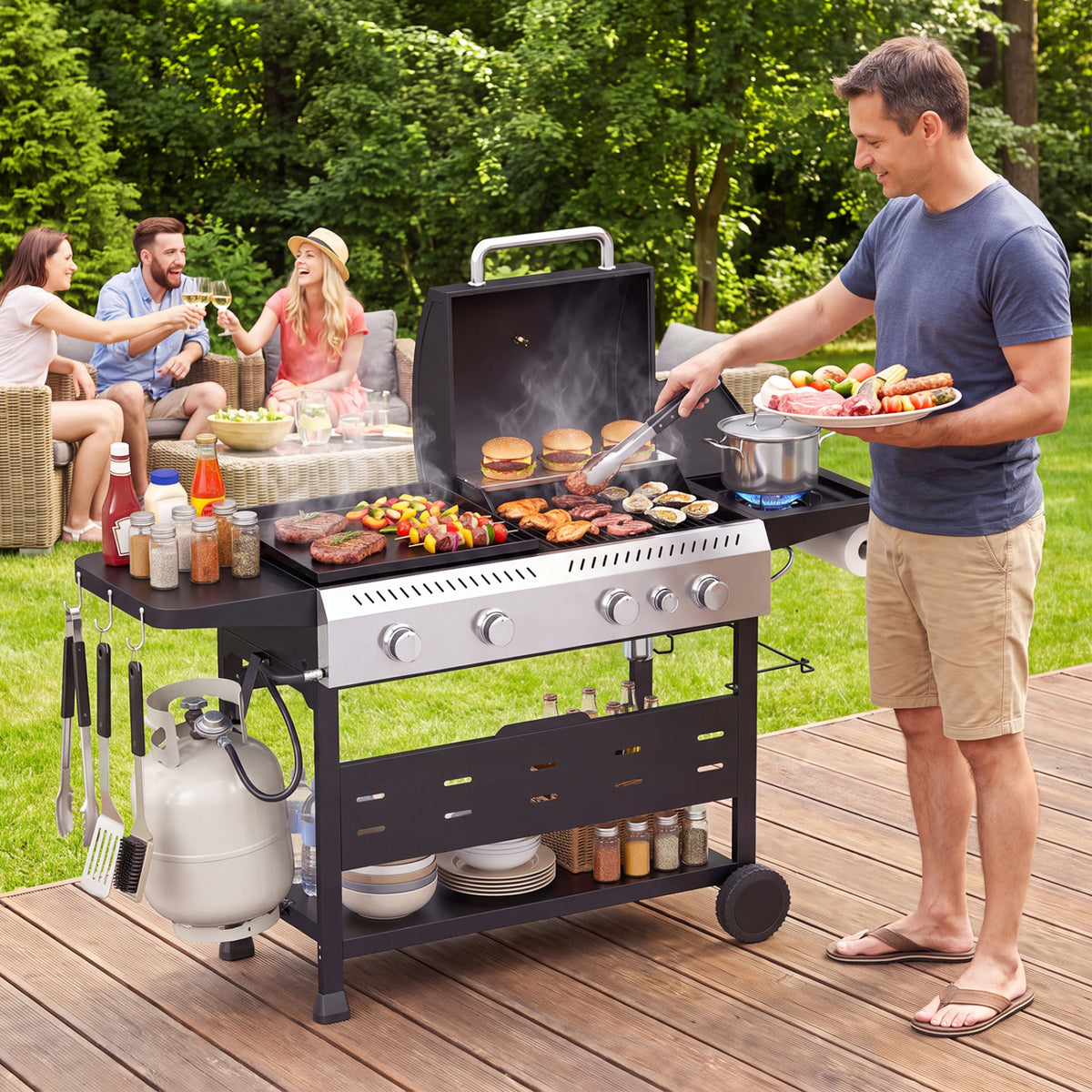5-Burner Propane Gas Grill and Griddle Combo with Side Burner
