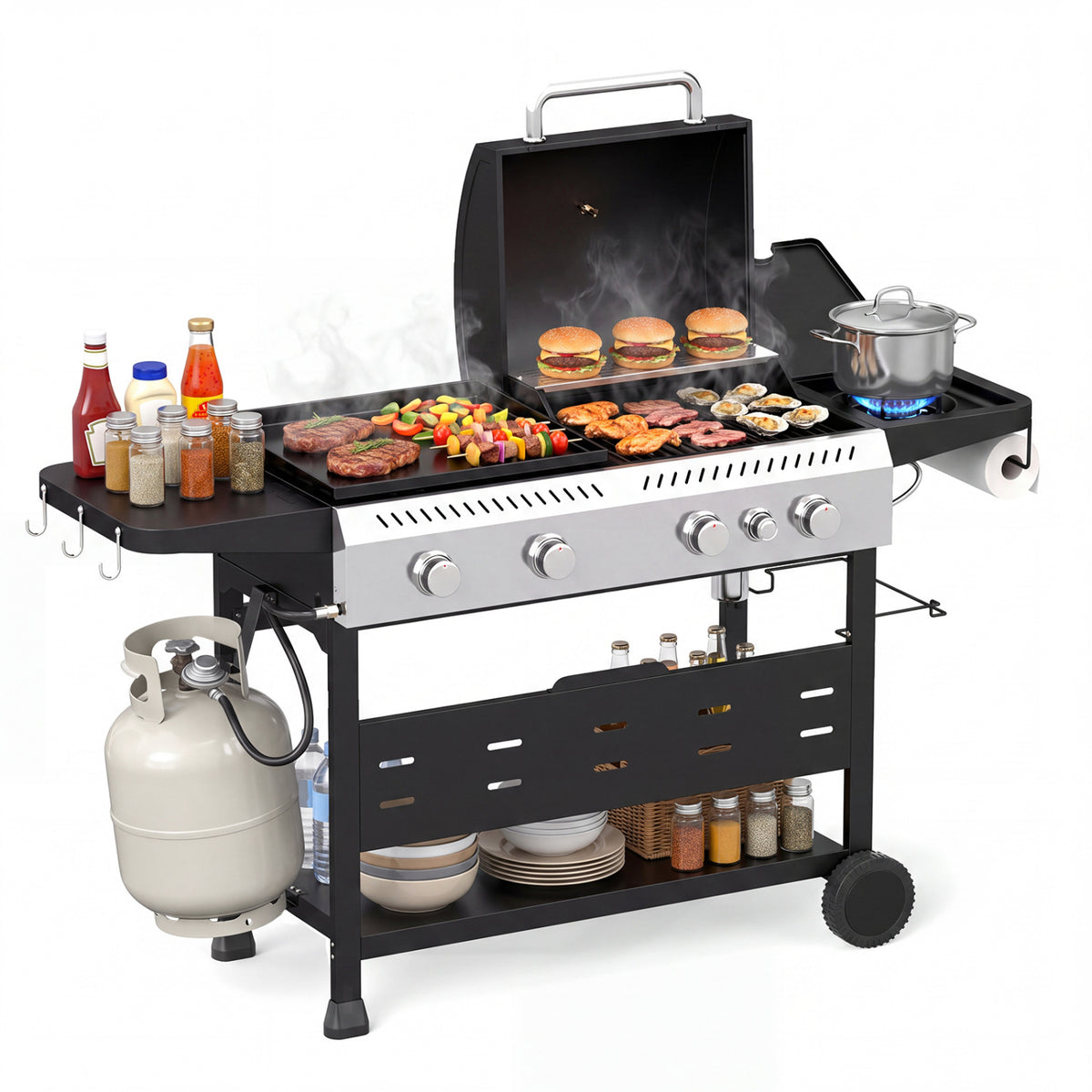 5-Burner Propane Gas Grill and Griddle Combo with Side Burner