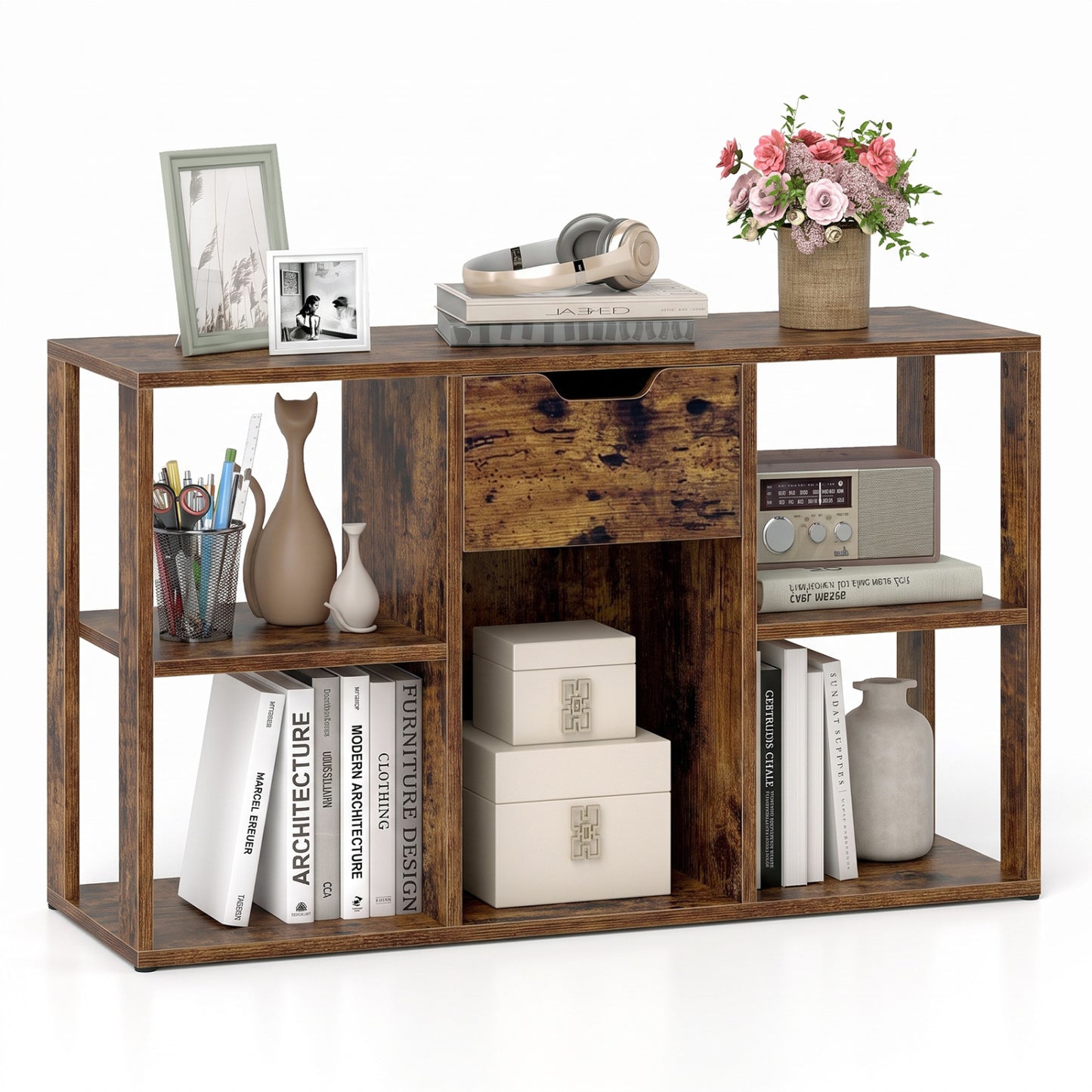 5-Cube Bookcase with Storage Drawer - Rustic Brown