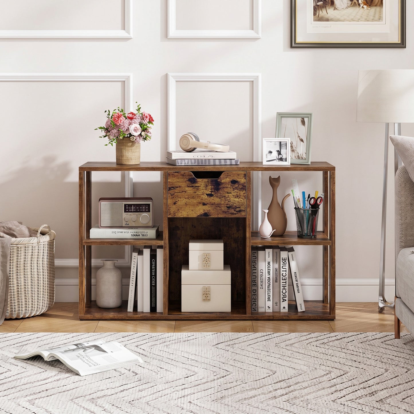 5-Cube Bookcase with Storage Drawer - Rustic Brown