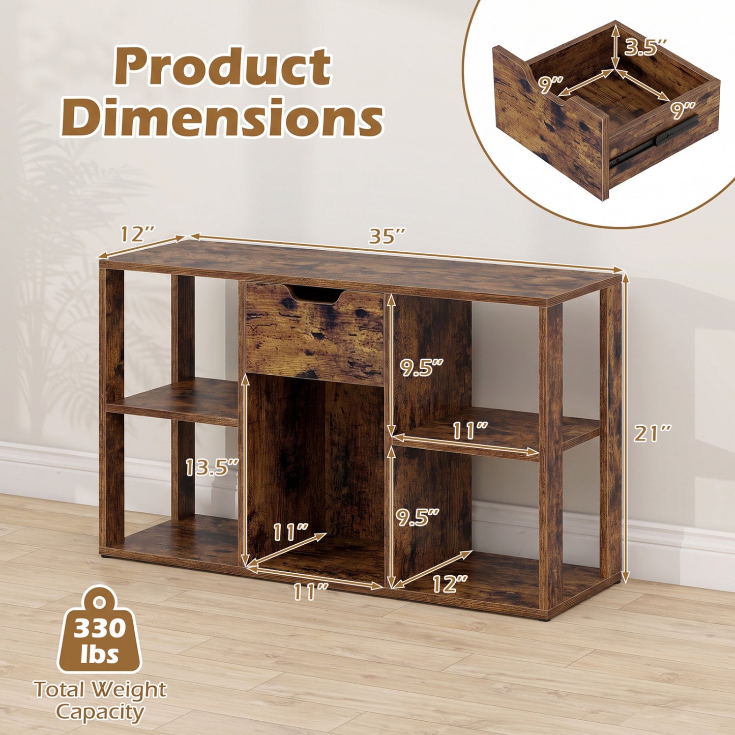5-Cube Bookcase with Storage Drawer - Rustic Brown