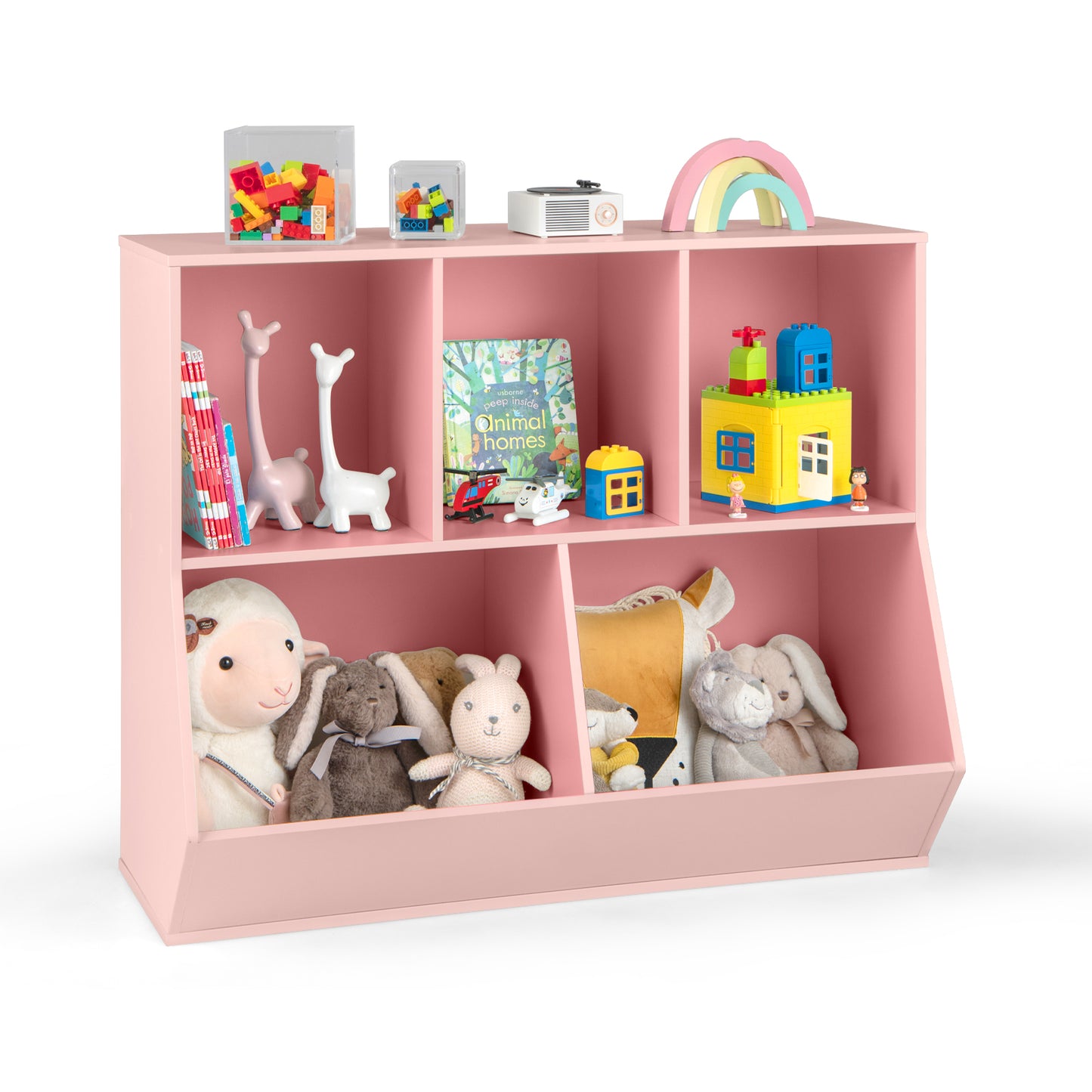 5-Cube Wooden Kids Toy Storage Organizer with Anti-Tipping Kits-Pink - Pink