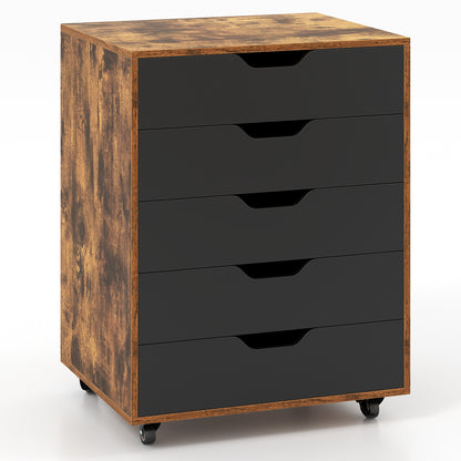 5 Drawer Mobile File Cabinet with Wheels for Living Room-Walnut - Rustic Brown