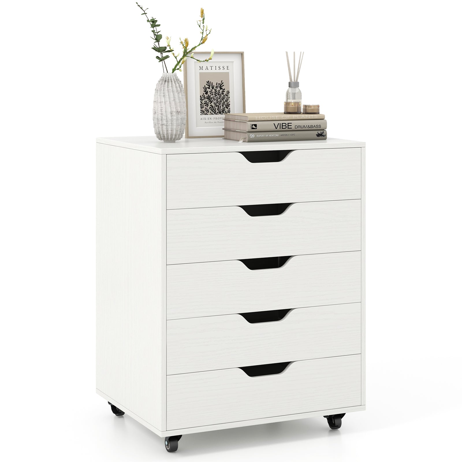 5 Drawer Mobile File Cabinet with Wheels for Living Room-Walnut - White