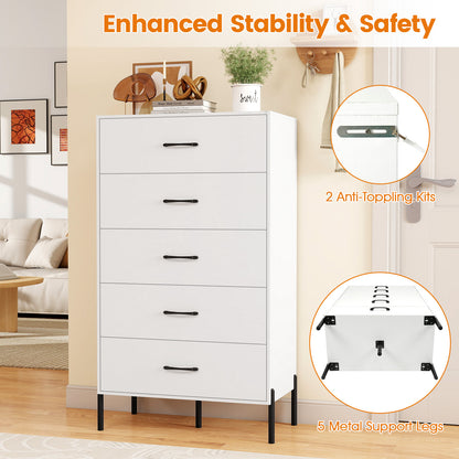 5-Drawer Modern Tall Chest of Drawers with Metal Legs-White