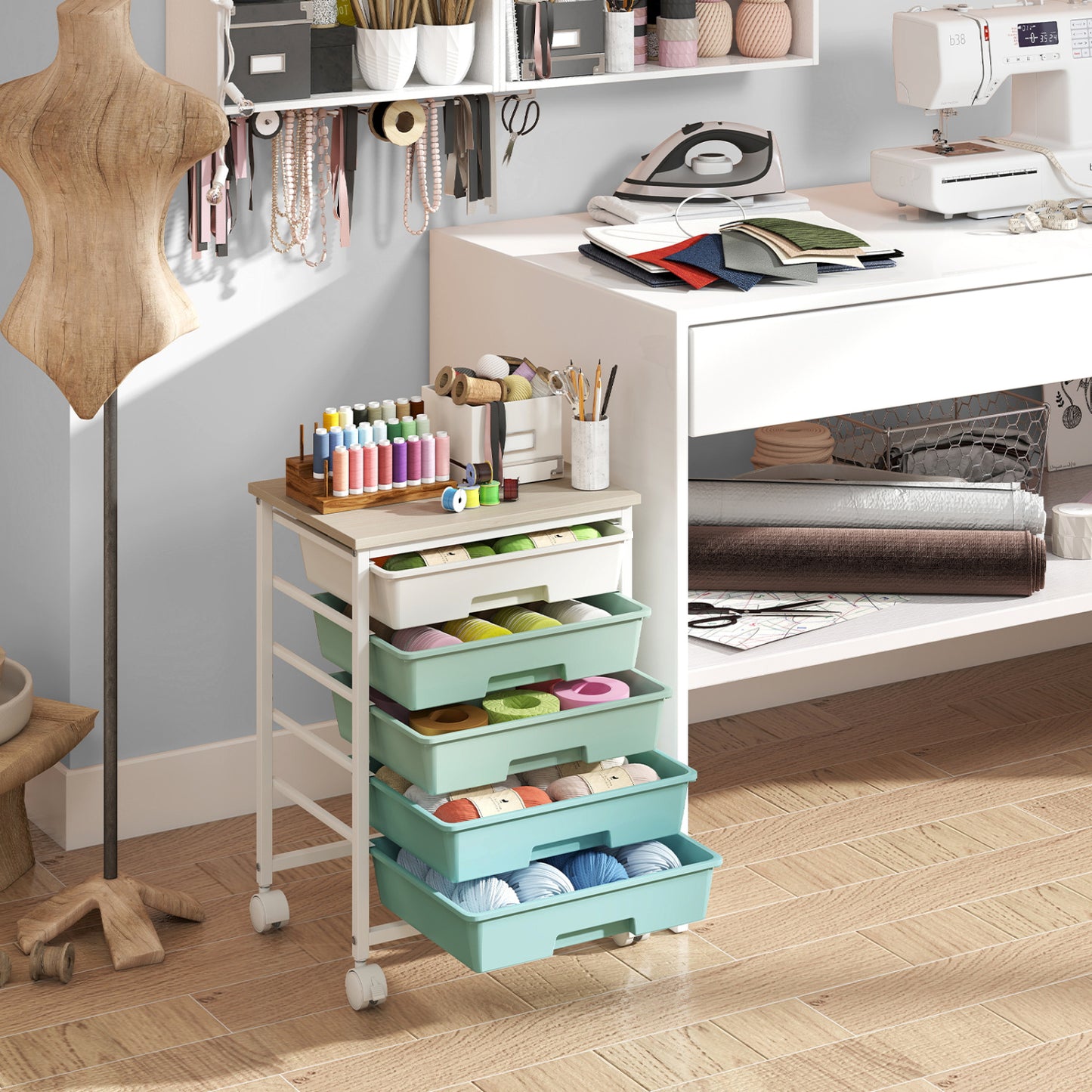 5-Drawer Rolling Storage Cart with Wooden Top