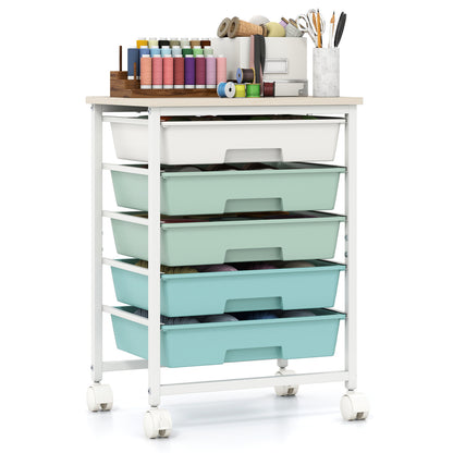 5-Drawer Rolling Storage Cart with Wooden Top