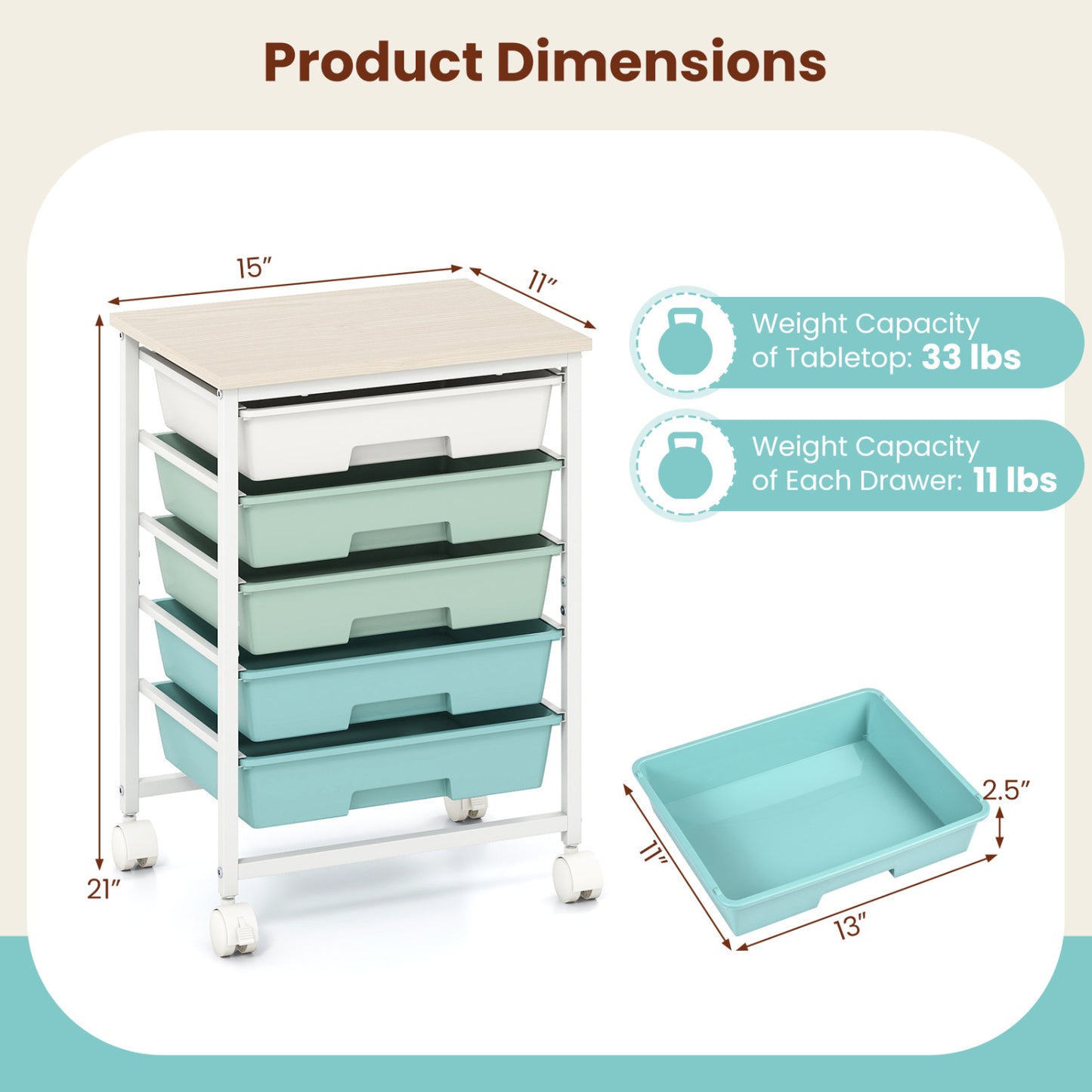 5-Drawer Rolling Storage Cart with Wooden Top