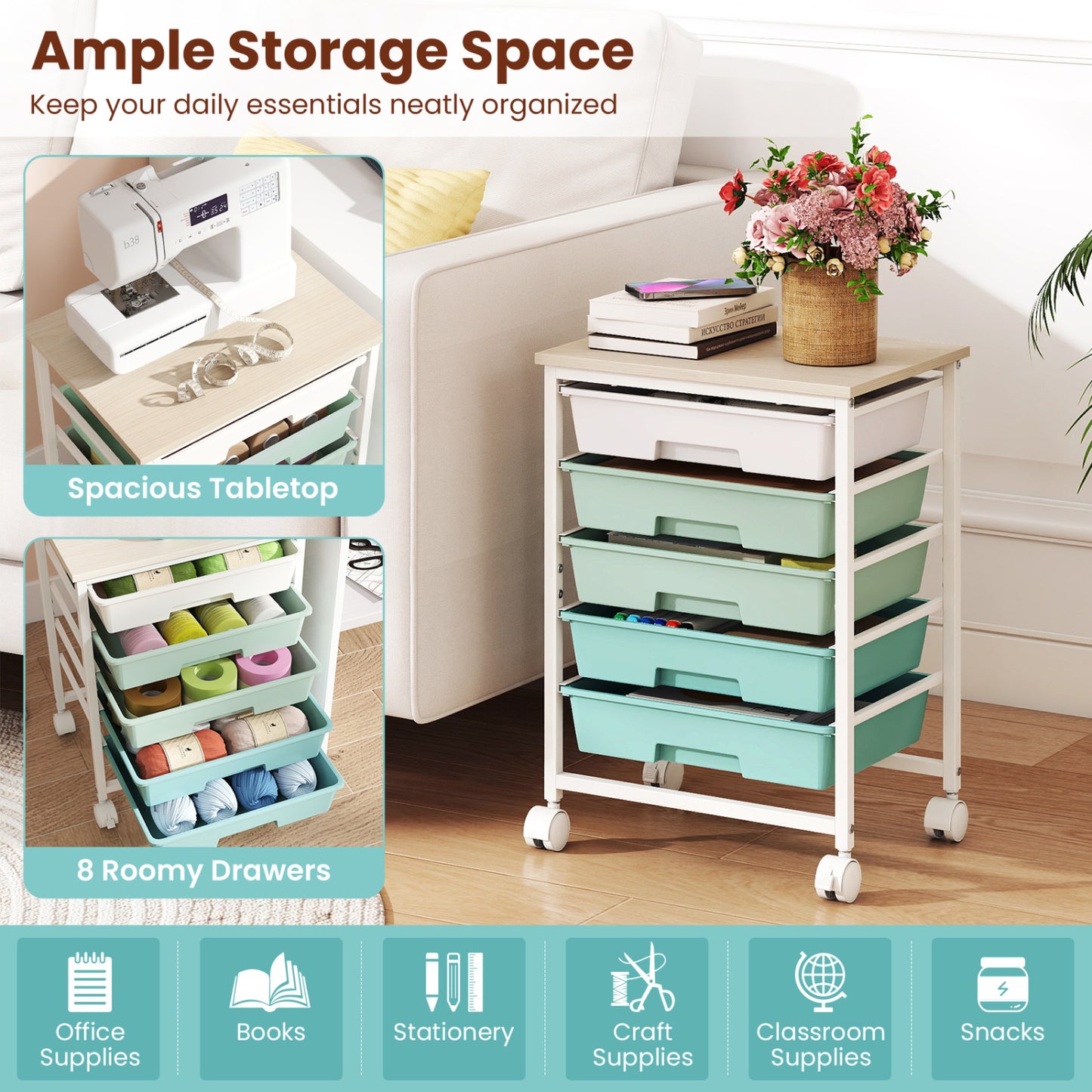 5-Drawer Rolling Storage Cart with Wooden Top