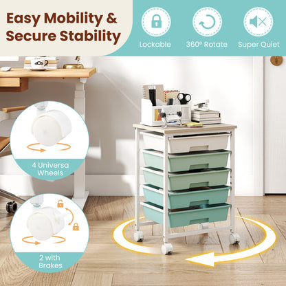 5-Drawer Rolling Storage Cart with Wooden Top
