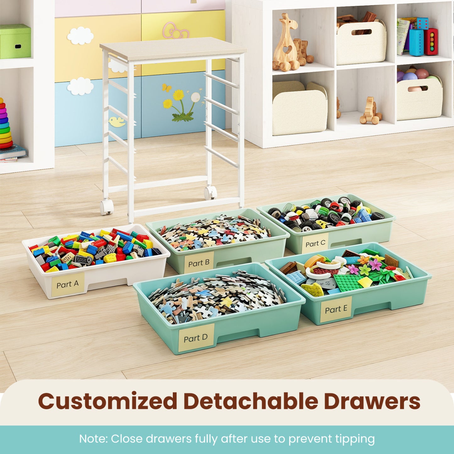 5-Drawer Rolling Storage Cart with Wooden Top