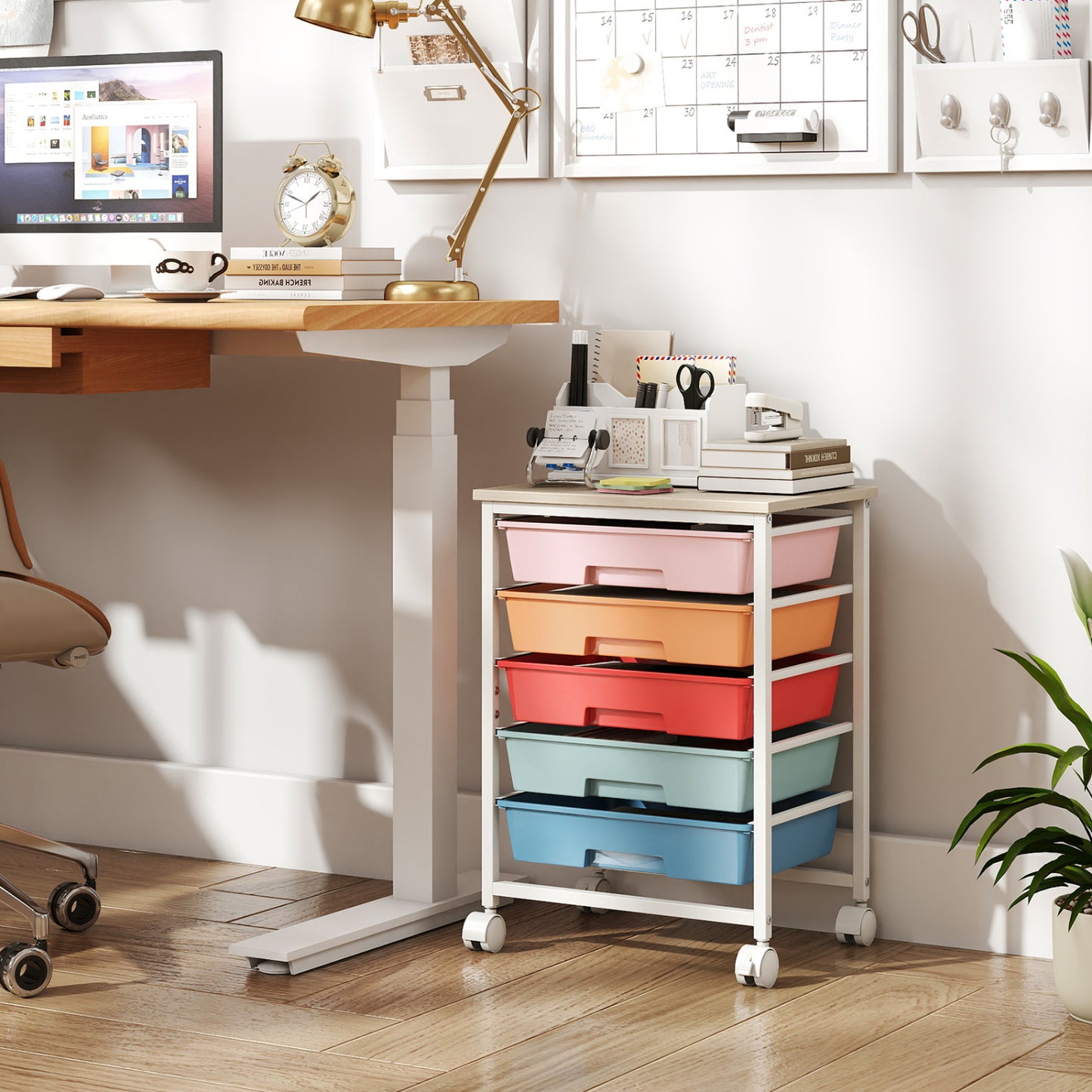 5-Drawer Rolling Storage Cart with Wooden Top