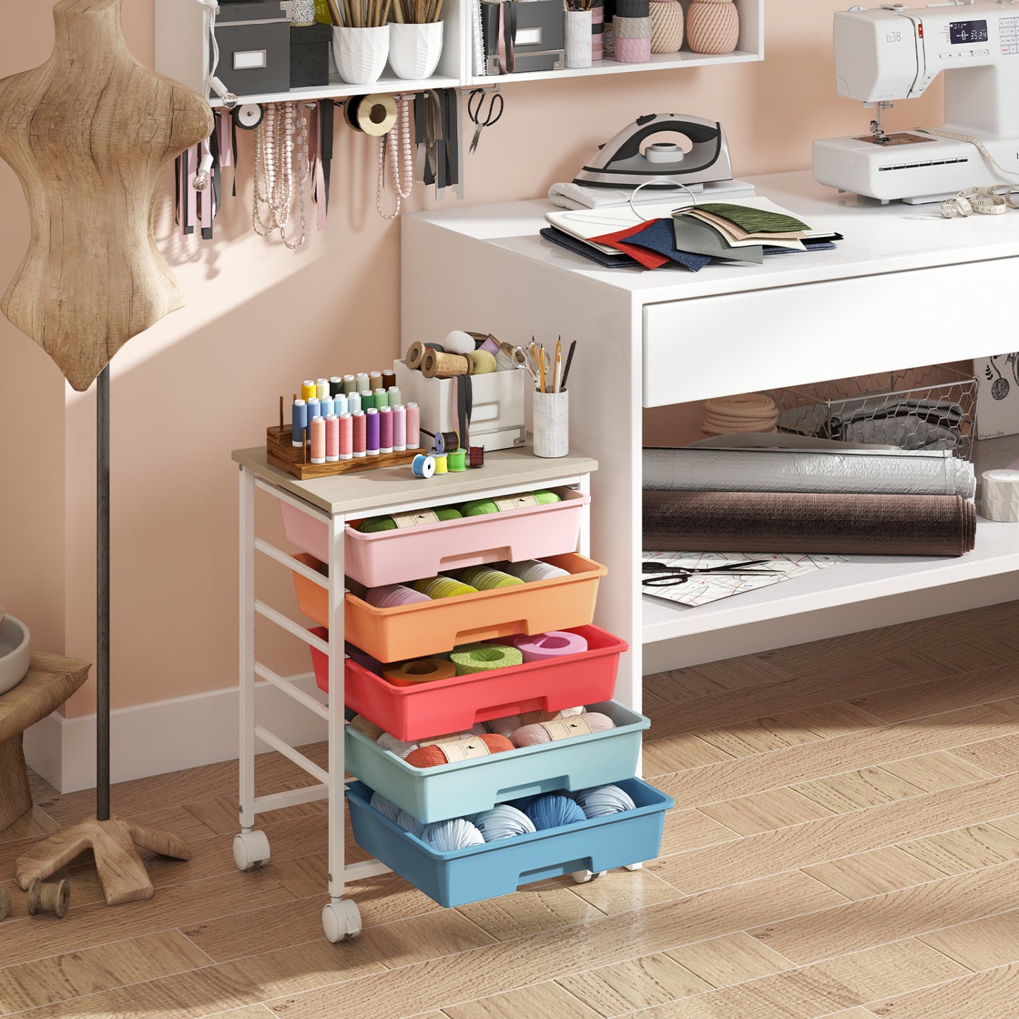 5-Drawer Rolling Storage Cart with Wooden Top