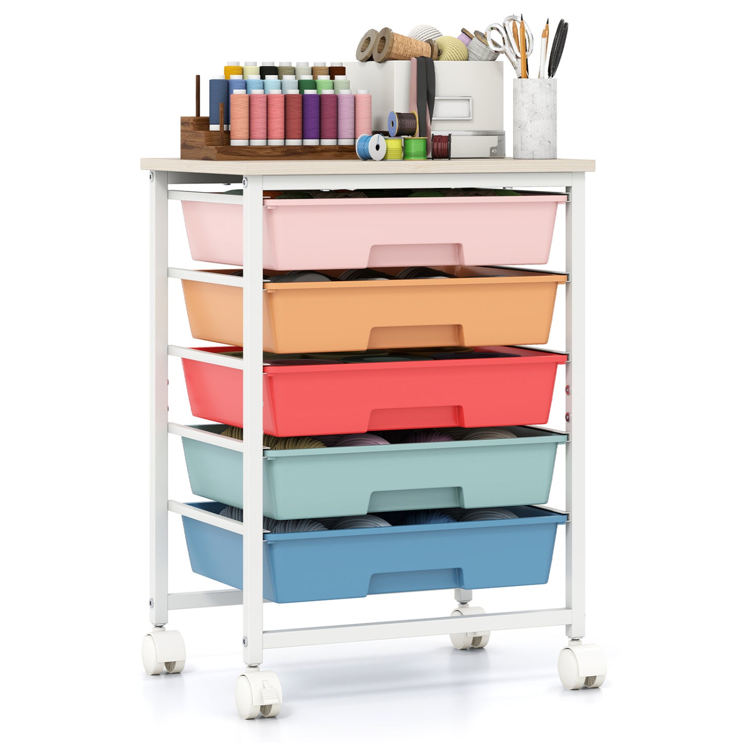 5-Drawer Rolling Storage Cart with Wooden Top