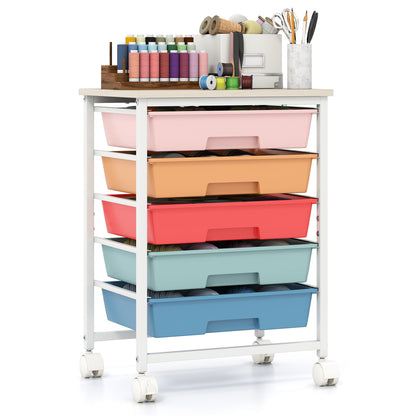 5-Drawer Rolling Storage Cart with Wooden Top