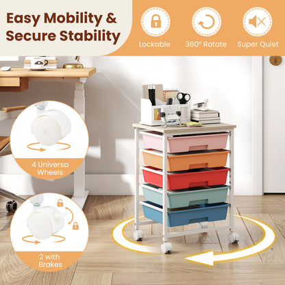 5-Drawer Rolling Storage Cart with Wooden Top