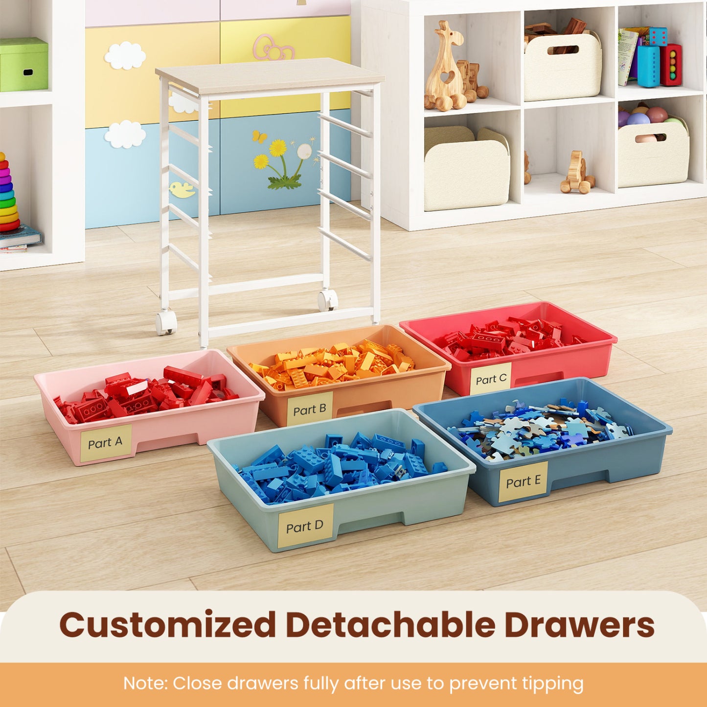 5-Drawer Rolling Storage Cart with Wooden Top