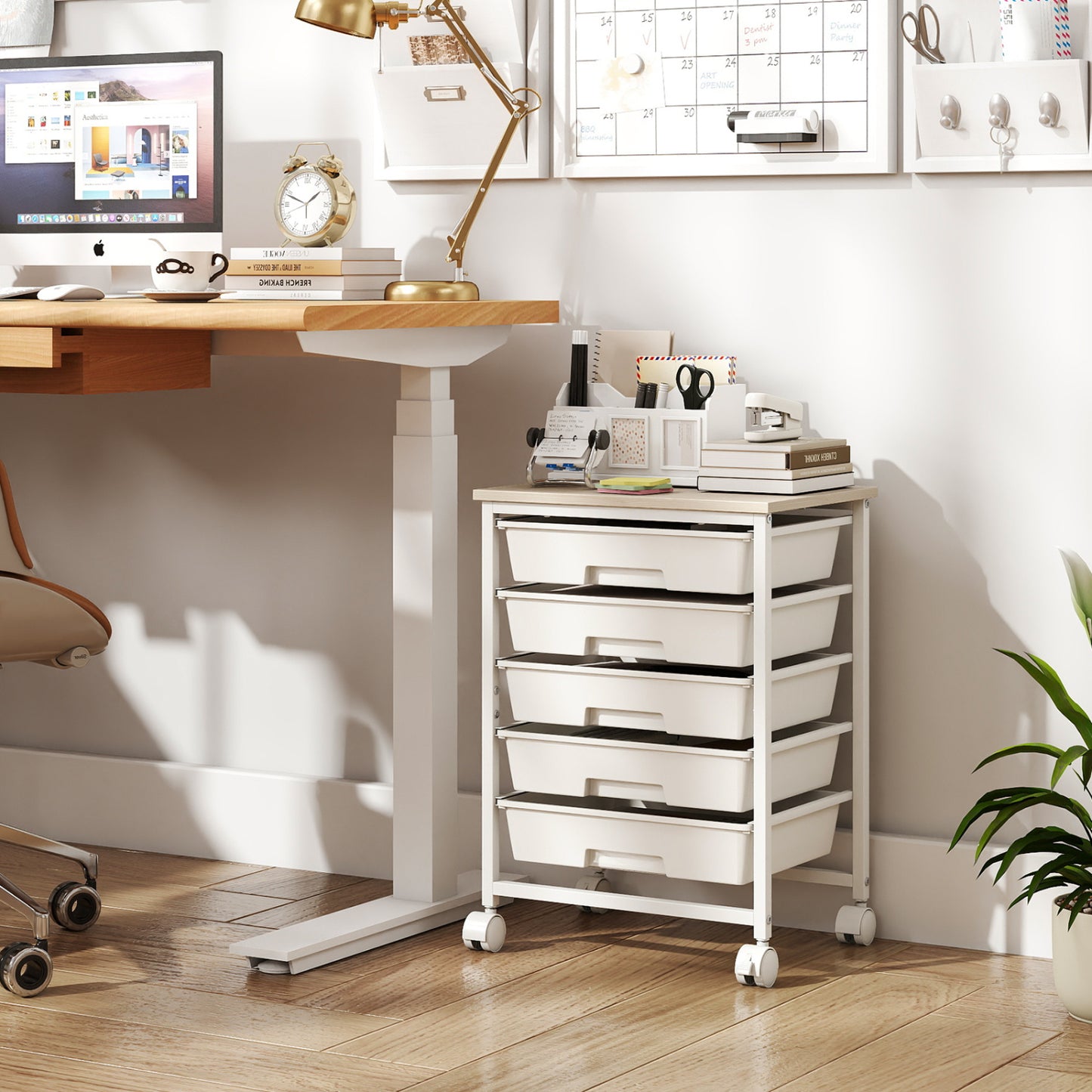 5-Drawer Rolling Storage Cart with Wooden Top