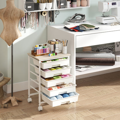 5-Drawer Rolling Storage Cart with Wooden Top