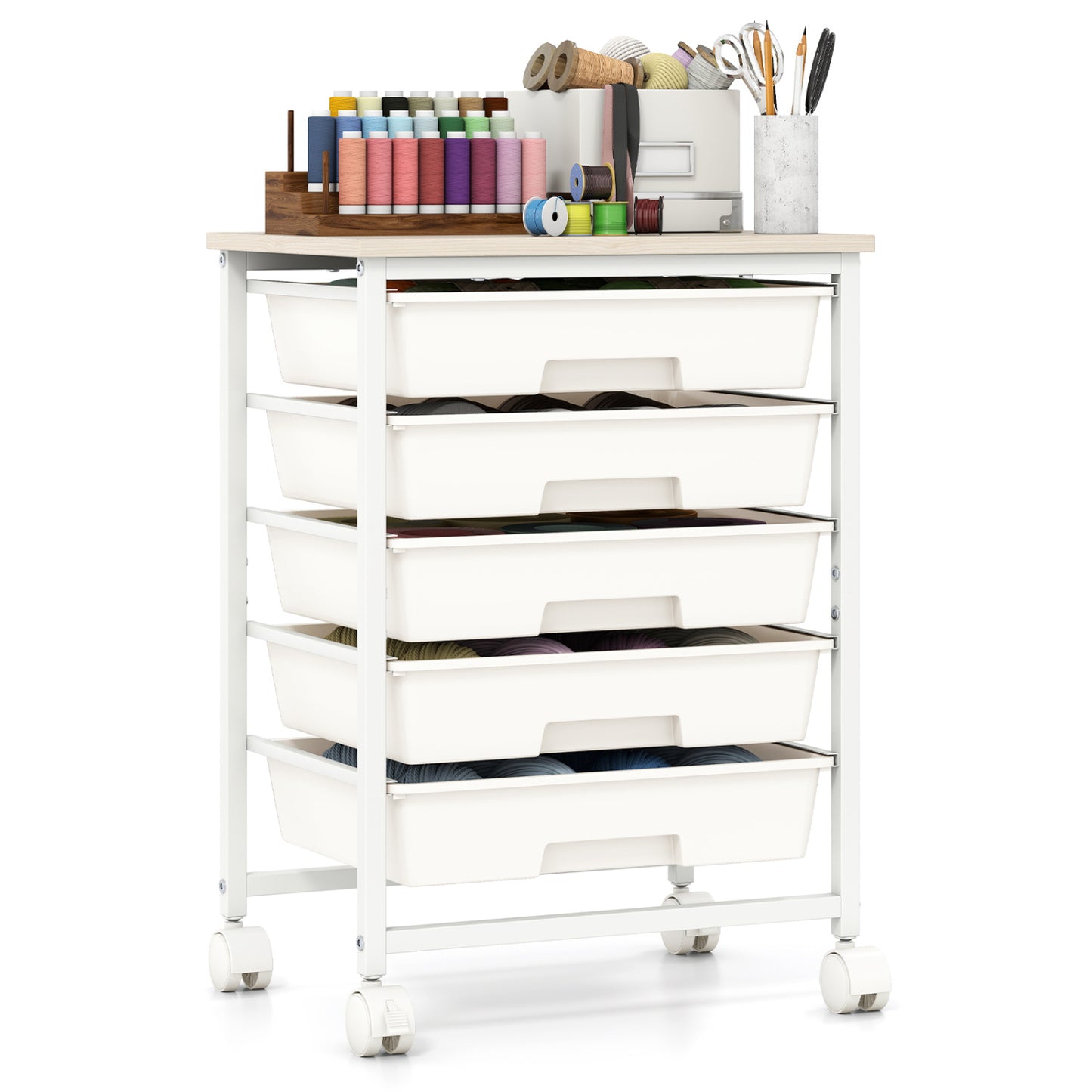 5-Drawer Rolling Storage Cart with Wooden Top