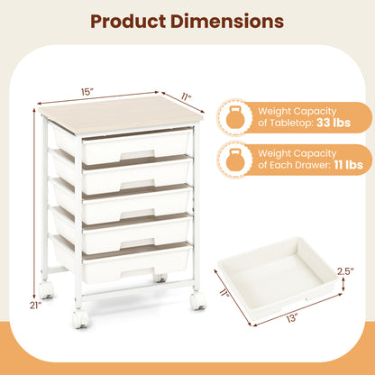 5-Drawer Rolling Storage Cart with Wooden Top