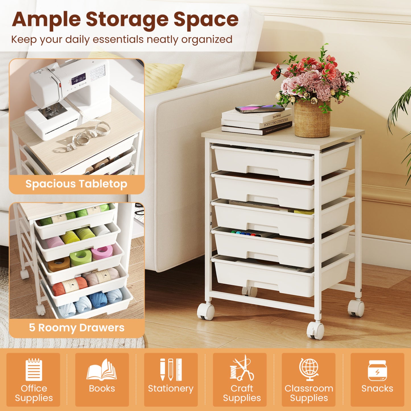5-Drawer Rolling Storage Cart with Wooden Top