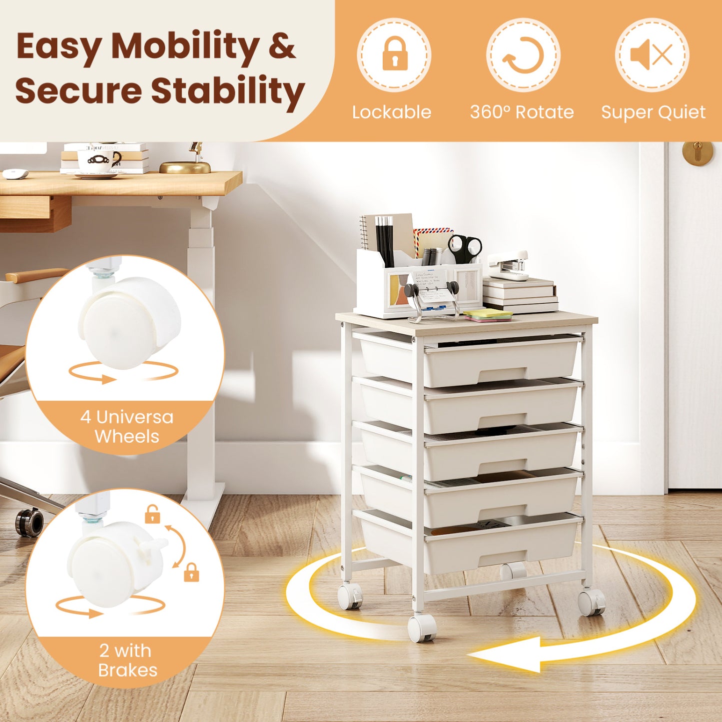 5-Drawer Rolling Storage Cart with Wooden Top