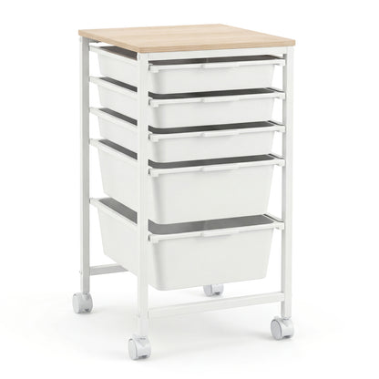 5-Drawer Rolling Storage Cart Mobile Utility Organizer with Wooden Tabletop and Lockable Wheels-White