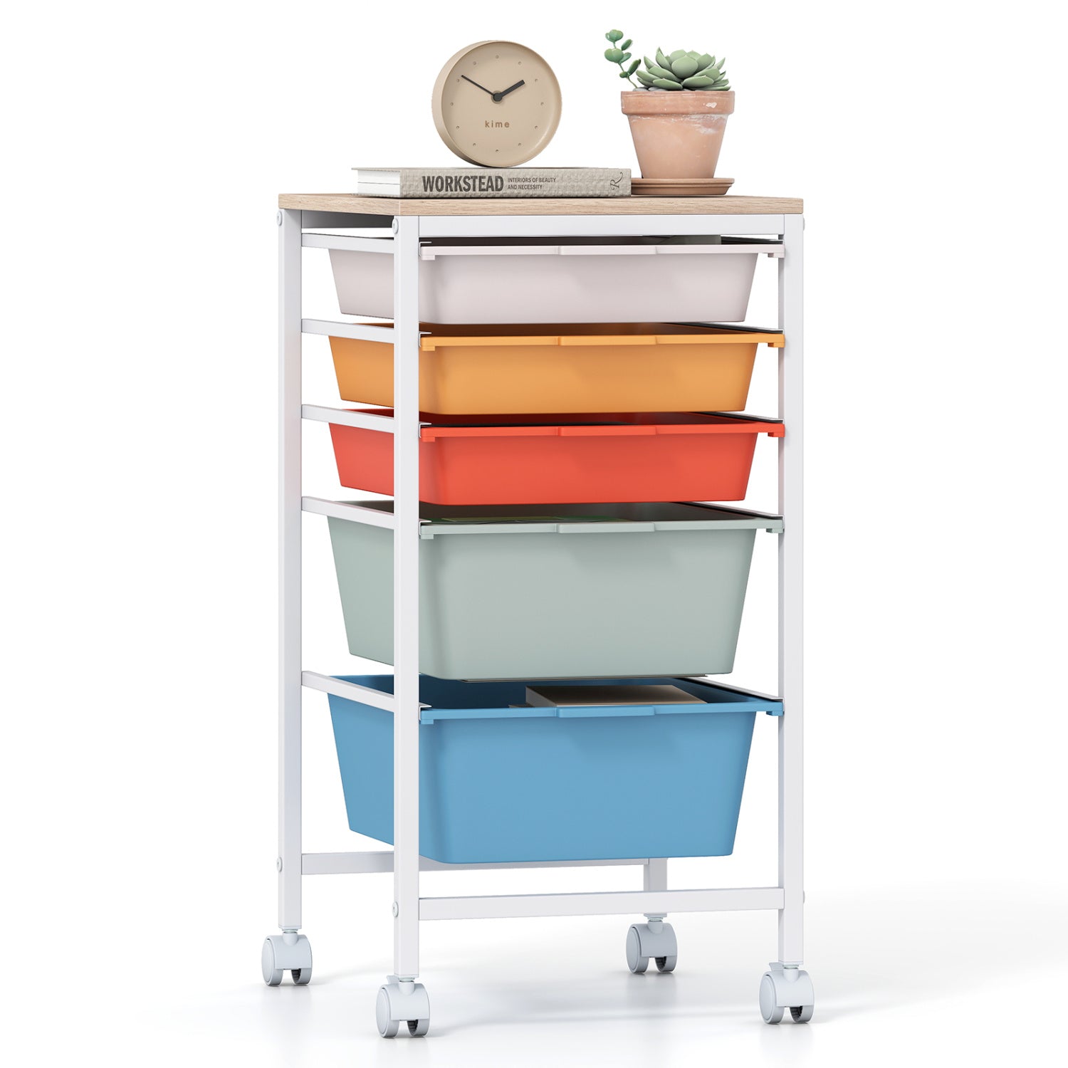 5-Drawer Rolling Storage Cart Mobile Utility Organizer with Wooden Tabletop and Lockable Wheels-White - Macaron
