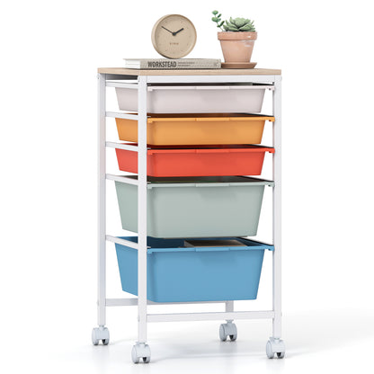 5-Drawer Rolling Storage Cart Mobile Utility Organizer with Wooden Tabletop and Lockable Wheels-White - Macaron