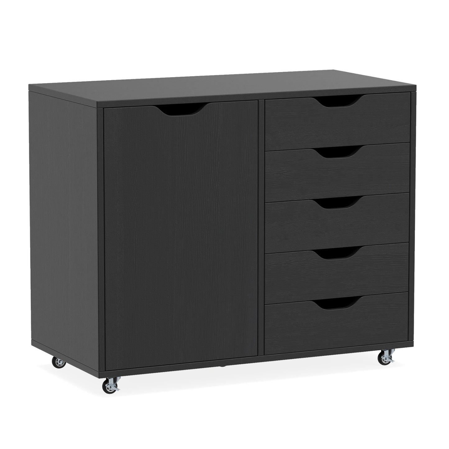 5-Drawer Rolling Storage Cart with Side Cabinet-Black - Black