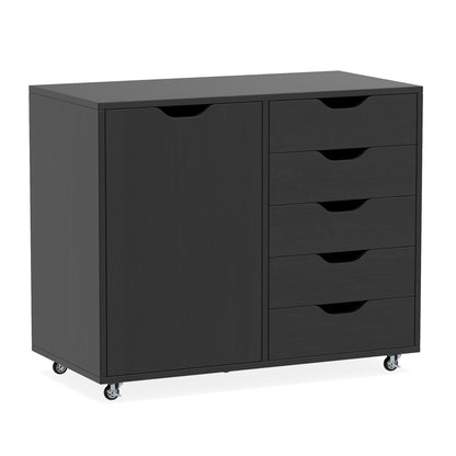 5-Drawer Rolling Storage Cart with Side Cabinet-Black - Black