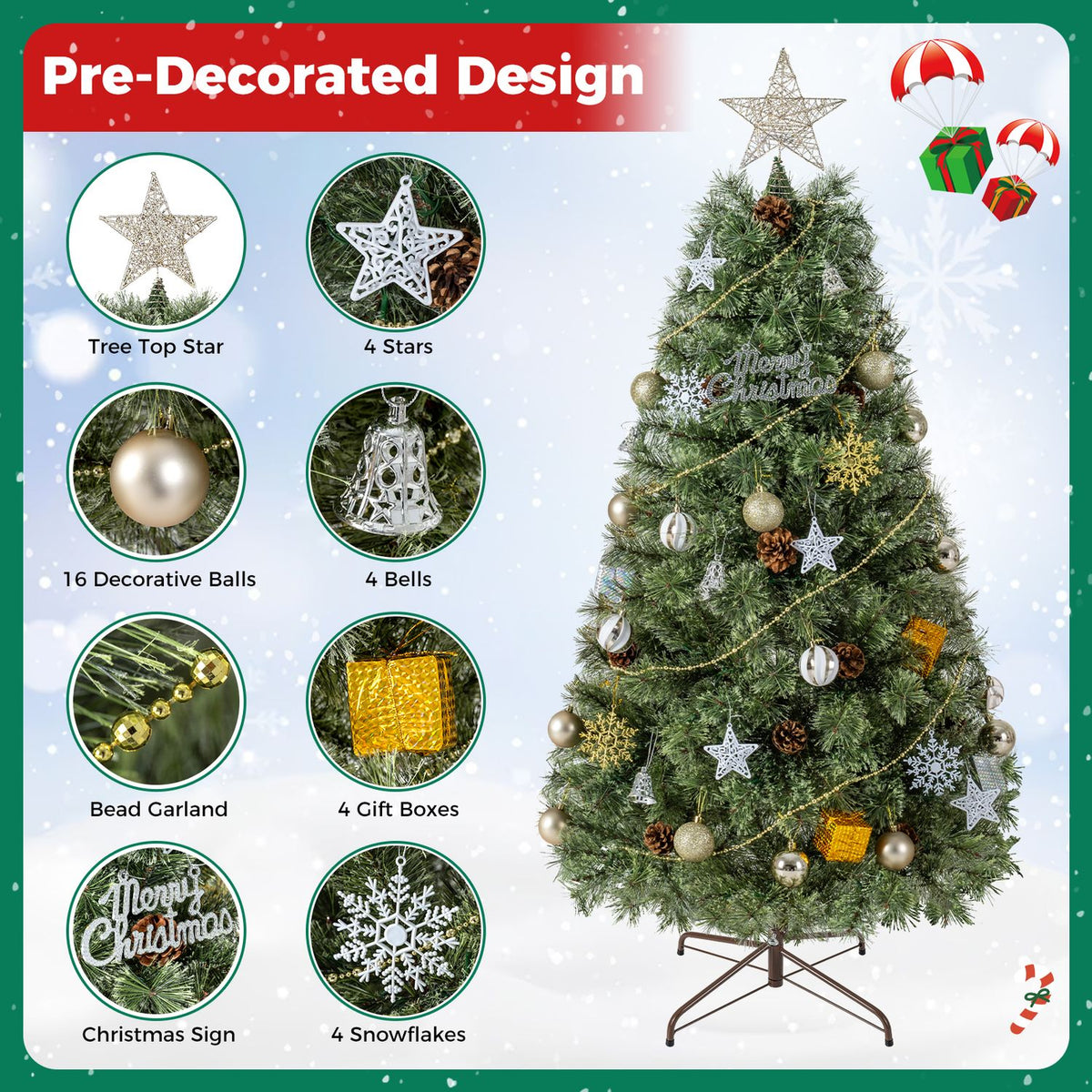 6 Artificial Christmas Tree Hinged Fully-Decorated with 238/360/524 Blossom Pine Needles