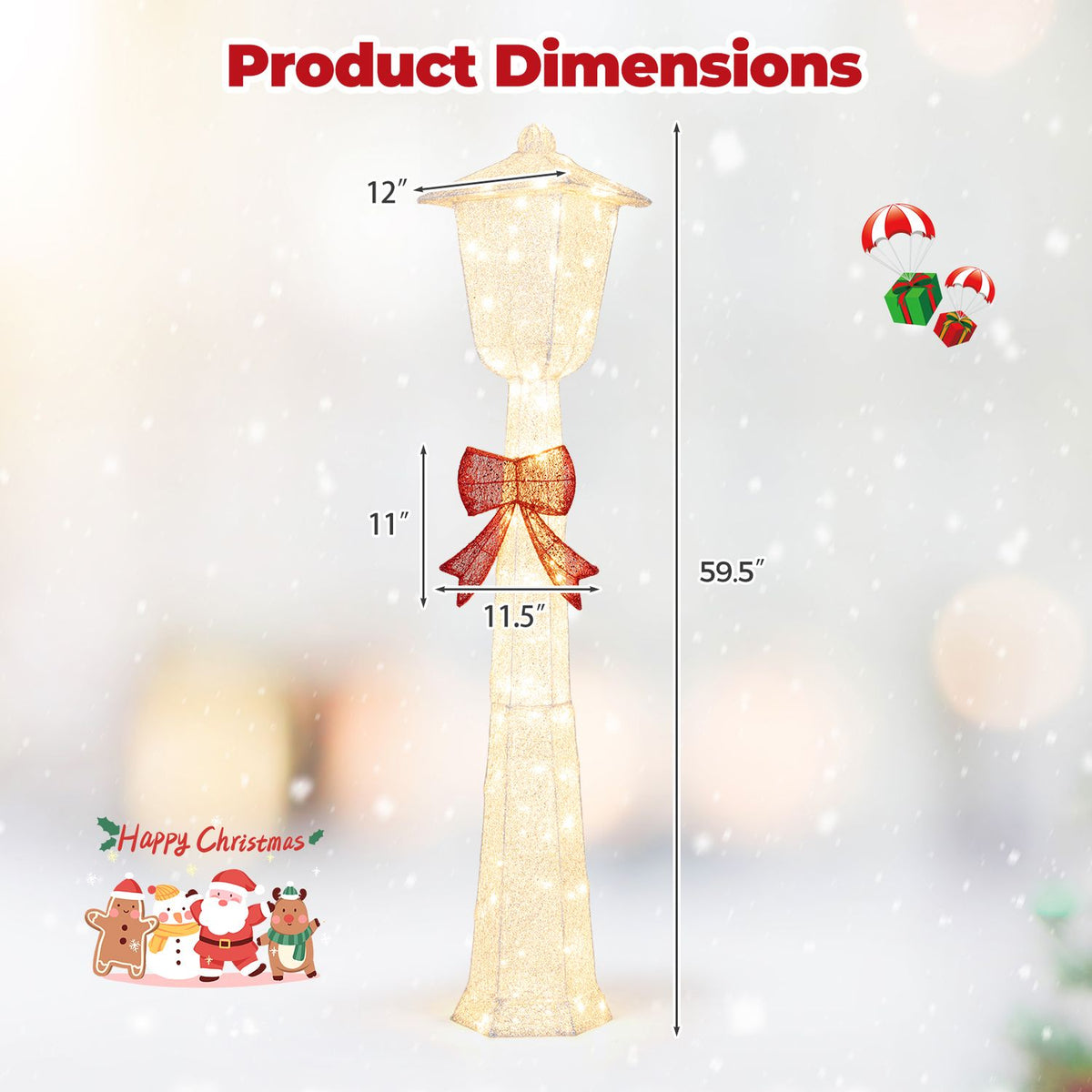 5 FT Lighted Christmas Lamp Post with Bowknot Decorations
