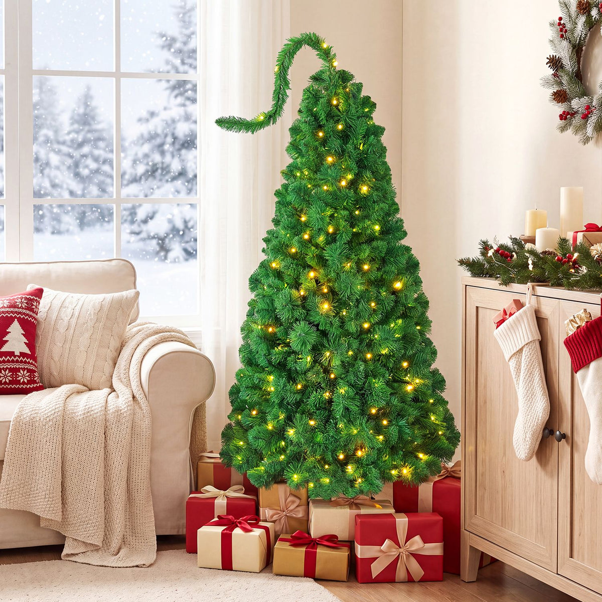6 FT Pre-Lit Artificial Christmas Tree with Green Snow Flocking