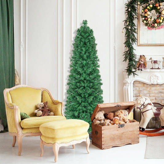 5/6/7/8 FT Pre-Lit Christmas Pencil Tree with Colorful Fiber Optics Green